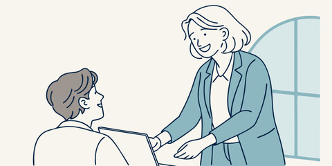 Illustrative vector drawing of a diverse family, including a man in a suit, a woman, and a child, suitable for business and care-related concepts