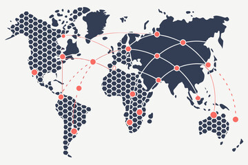 Vector dotted world map with global landmasses represented through evenly spaced circular dots, creating a tech-style map look, modern flat illustration style