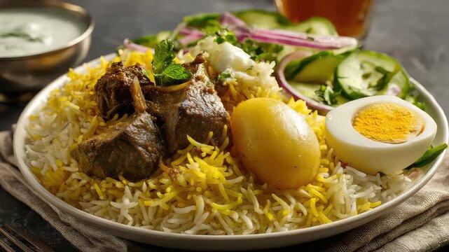 Kolkata-Style Lamb Biryani served in a White Porcelain Plate