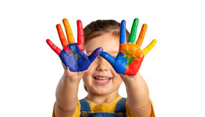 Child’s painting activity with smudged hands and bright paints isolated on transparent background. Png