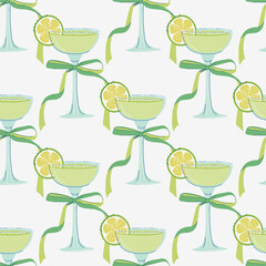 Margarita Cocktail seamless pattern. Geometric retro background with elegant glass of alcohol drink with bow. Flat design hand drawn vector illustration. 