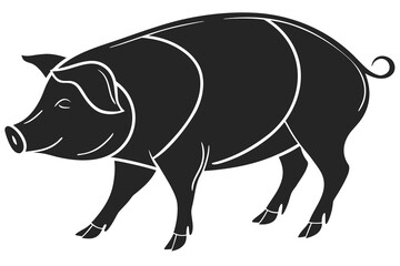 Fototapeta premium Pig silhouette in abstract one-line art, representing livestock or farm animals in minimalist black design, modern flat illustration style