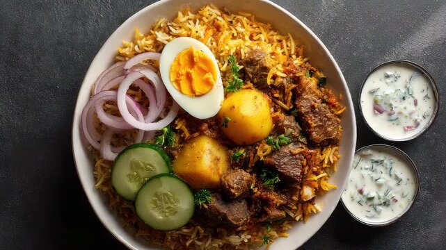 Kolkata-Style Lamb Biryani served in a White Porcelain Plate