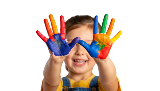 Child’s painting activity with smudged hands and bright paints isolated on transparent background. Png