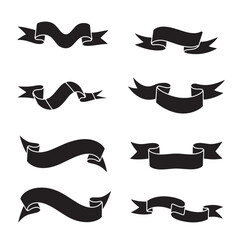 Collection of eight black silhouette ribbons for text design and vintage art banner