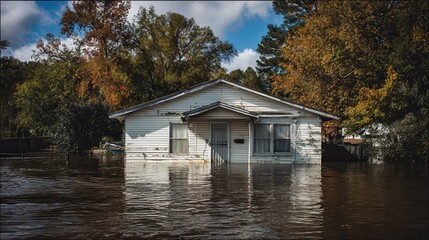 Fototapeta premium A flooded one-story house as a result of a flood, rainstorm or flood. Disaster, Collapse.