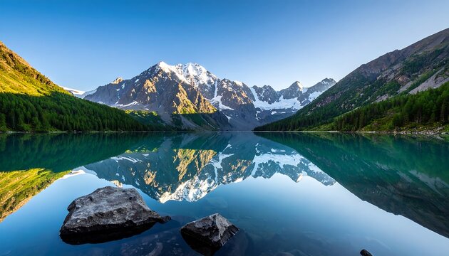 Pristine mountain lake mirroring snow-capped peaks and lush green forests on a bright day