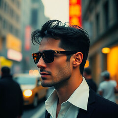 Portrait of a young man wearing sunglasses in front of a city background
