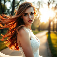 Portrait of a young blonde girl in a white dress
