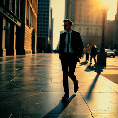 A cool man in a suit and glasses is walking down the street
