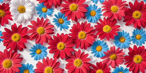 Red and blue daisy flowers with white background creating vibrant colorful pattern arrangement for decorative floral design purposes.