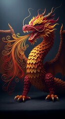 Fototapeta premium Vibrant Red and Gold Dragon with Curly Flames and Horns in Dark Fantasy Style