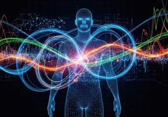 Human Body Wireframe with Data Streams and Glowing Core
