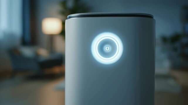 Close-up video of a Caucasian hand gently pressing glowing touch button on modern air purifier in cozy home interior &ndash; health tech, wellness promotion, soft cool lighting, video background