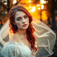 Portrait of a bride with a veil against a sunset background
