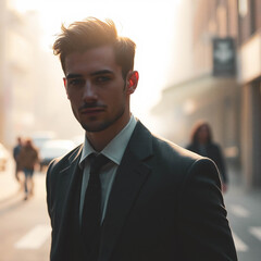 Portrait of a young man wearing sunglasses in front of a city background