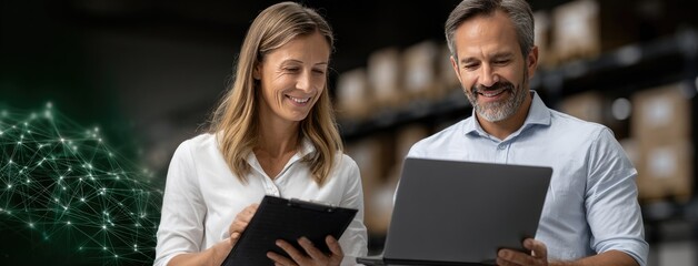 Two professionals are engaged in a discussion as they analyze a tablet displaying a layout of boxes in a warehouse filled with goods