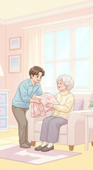Fototapeta premium Smiling elderly person being cared for by youth, kindness theme, pastel tones