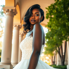 A bride in a wedding dress against the backdrop of architecture