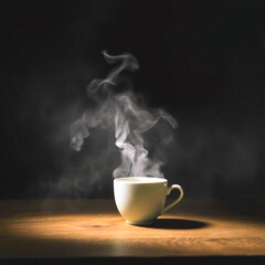 A mug with a hot drink on a black background. The mug is steaming