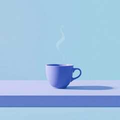 A mug with a hot drink on a blue background
