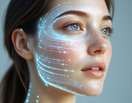 A human face overlaid with flowing data streams, isolated on light background.