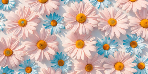 Obraz premium Pink and blue daisy flowers mixed together with yellow centers creating pastel rainbow floral pattern for spring decoration.
