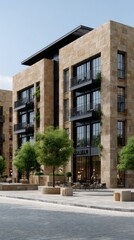 Naklejka premium Modern buildings with beige stone facades line a wide road, surrounded by greenery and showcasing luxury design in a bustling urban area