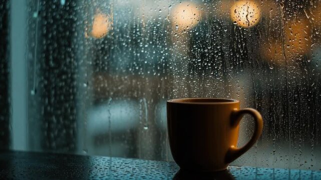 Cinematic video of steaming coffee mug by rainy window with urban lights in background &ndash; moody atmosphere for relaxation content, rainy day storytelling, dark teal and amber tones, video background