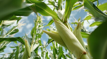 A close-up of corn husks partially peeled on the stalk, with sunlight shining through the green leaves and a clear sky above, symbolizing the ripening harvest season