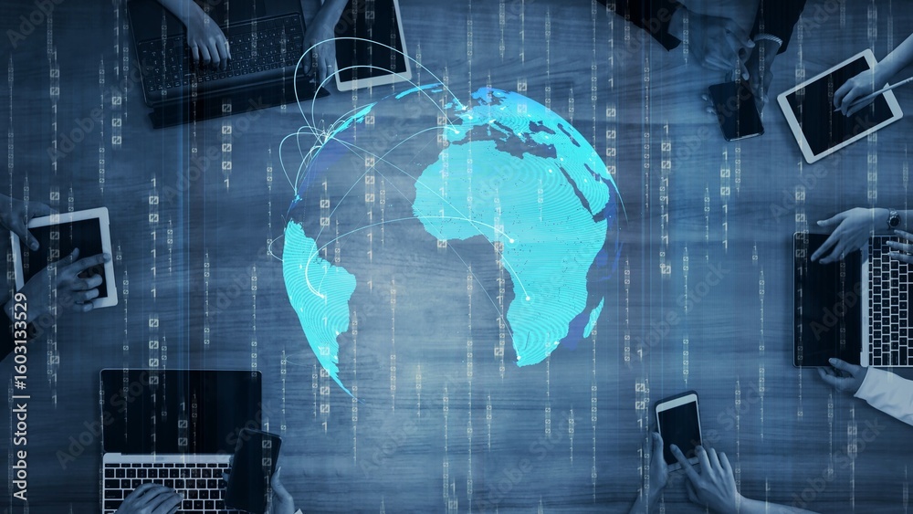Poster global network connection visualization showing data exchange, digital link, worldwide communication