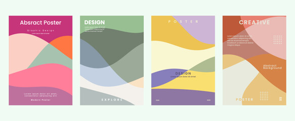 Obraz premium Set of modern abstract posters featuring flowing curved shapes and retro-inspired pastel tones. Ideal for graphic design, branding, advertising, and minimalist creative backgrounds.