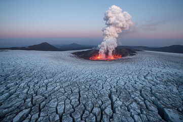 Volcanic eruption through glacial ice at dusk