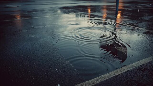 Low-angle cinematic video of raindrops creating ripples in shallow puddle on empty basketball court &ndash; poetic visual for solitude, nostalgia, or weather-themed content, muted cold tones, video backgrou