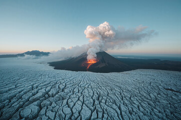 Volcano erupting through a vast glacier under a clear sky