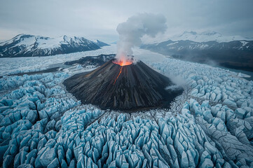 Volcano erupting through a vast glacier under a cloudy sky