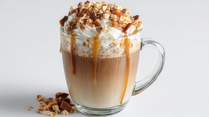 Glass mug of latte with toffee syrup, whipped cream top, crushed nuts, caramel drizzle, and toffee shards on white background.