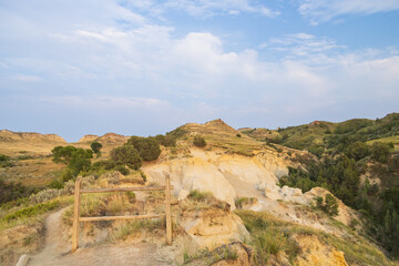 View from Wind Canyon Trail in Theodore Roosevelt National Park at golden hour