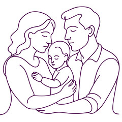 Minimalist Line Art of Loving Parents Holding Their Baby