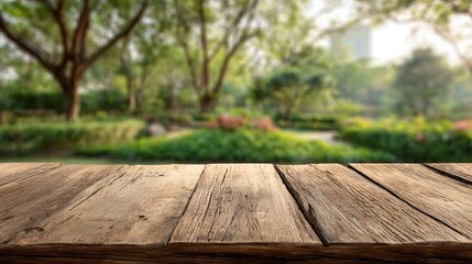 Fototapeta premium Empty wooden product display table top with blurred garden background nature scene podium.