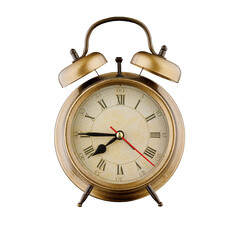 alarm clock, vintage clock with time 7 hours 45 minutes, a.m. 7:45, p.m. 7:45, on isolated white...