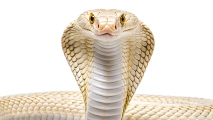 White cobra snake with hood spread on white background
