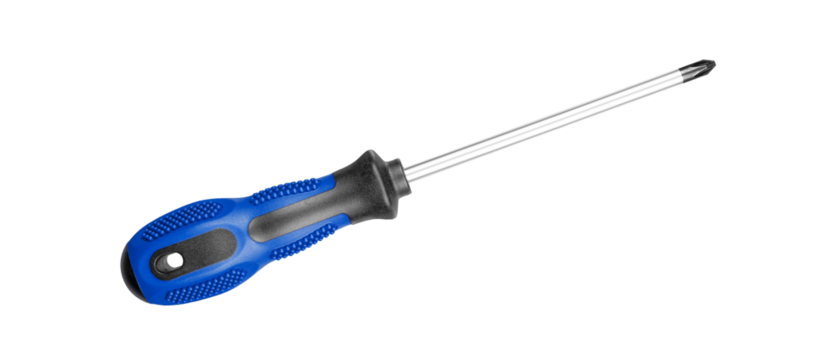 A Phillips screwdriver with a Blue black handle is perfect for repair tasks. Its ergonomic grip provides comfort during extended use on isolated white background close-up