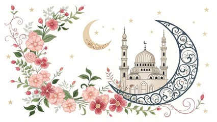 Fototapeta premium Beautiful islamic crescent moon with mosque and floral garland illustration