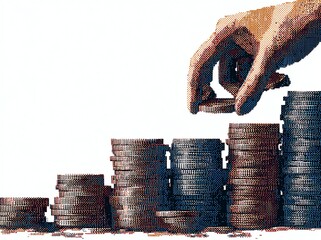 A digitally rendered hand carefully adds a coin to a growing stack of currency, symbolizing financial growth and investment with a pixelated aesthetic.