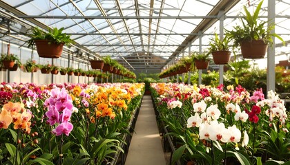 Orchid flowers in greenhouse interior.