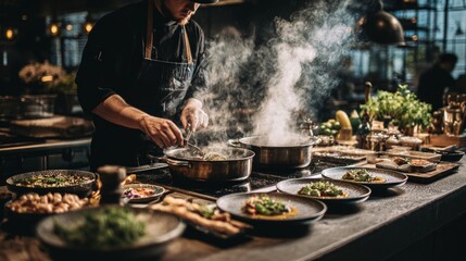 A chef preparing food in a professional kitchen, with steam rising from pots and various ingredients on the counter, dynamic and lively. 