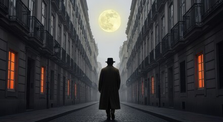 A solitary man in a trench coat stands in a dark, narrow city street under a large full moon