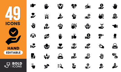 Bold Black Hand Gesture and Support Action Icon Set