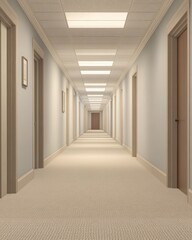 Empty office hallway, light and spacious